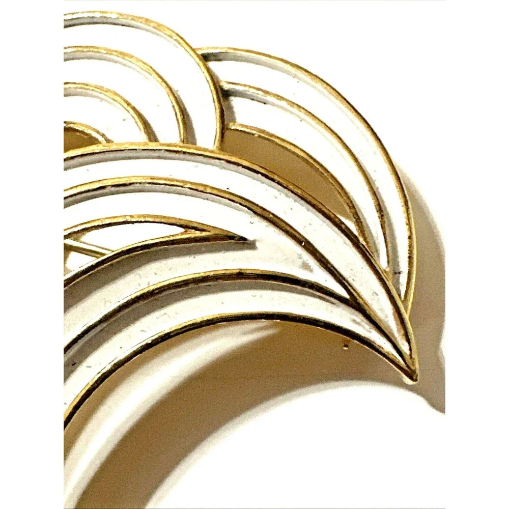Vintage CROWN TRIFARI White Enamel Wave Brooch Crescent MCM Pin 2.25